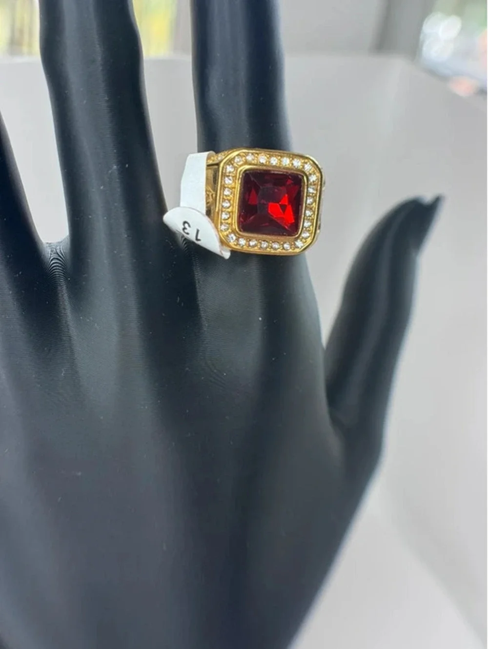 gold tone red CZ statement ring clear accents size 13
